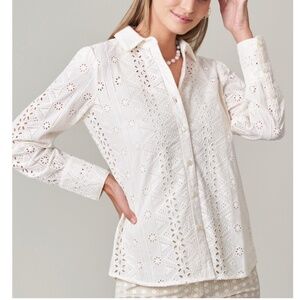 NWT Spartina 449 Ivory Eyelet Button Down Shirt Size S 100% Cotton Brigette